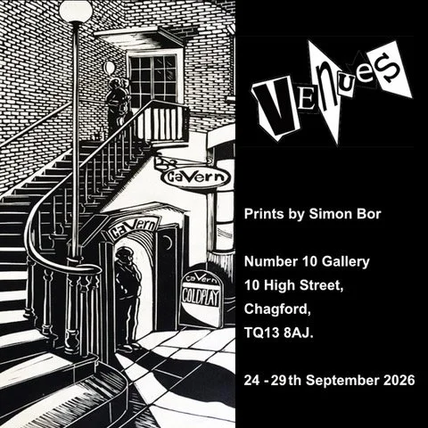 A black-and-white illustration featuring a woman standing on a staircase outside a building with signs for a cavern and Coldplay, with promotional text for an art exhibition called 'Vénus' by Simon Bor at Number 10 Gallery in Chagford from September 24 to 29, 2026.