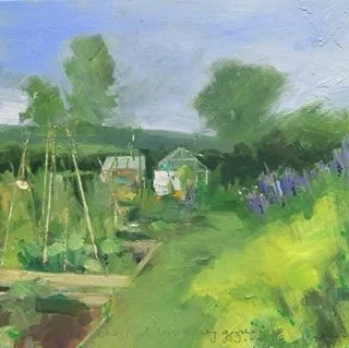 A lush green garden scene with a small shed, garden beds, and flowering plants, painted in a soft, impressionistic style.