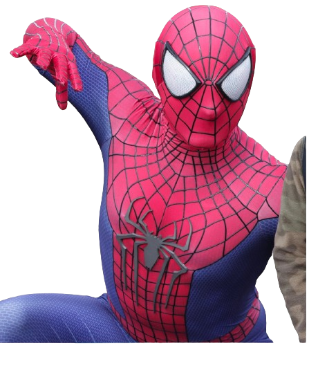 Person dressed as Spider-Man in a red and blue costume with a web pattern, wearing a mask over their face and making a hand gesture.