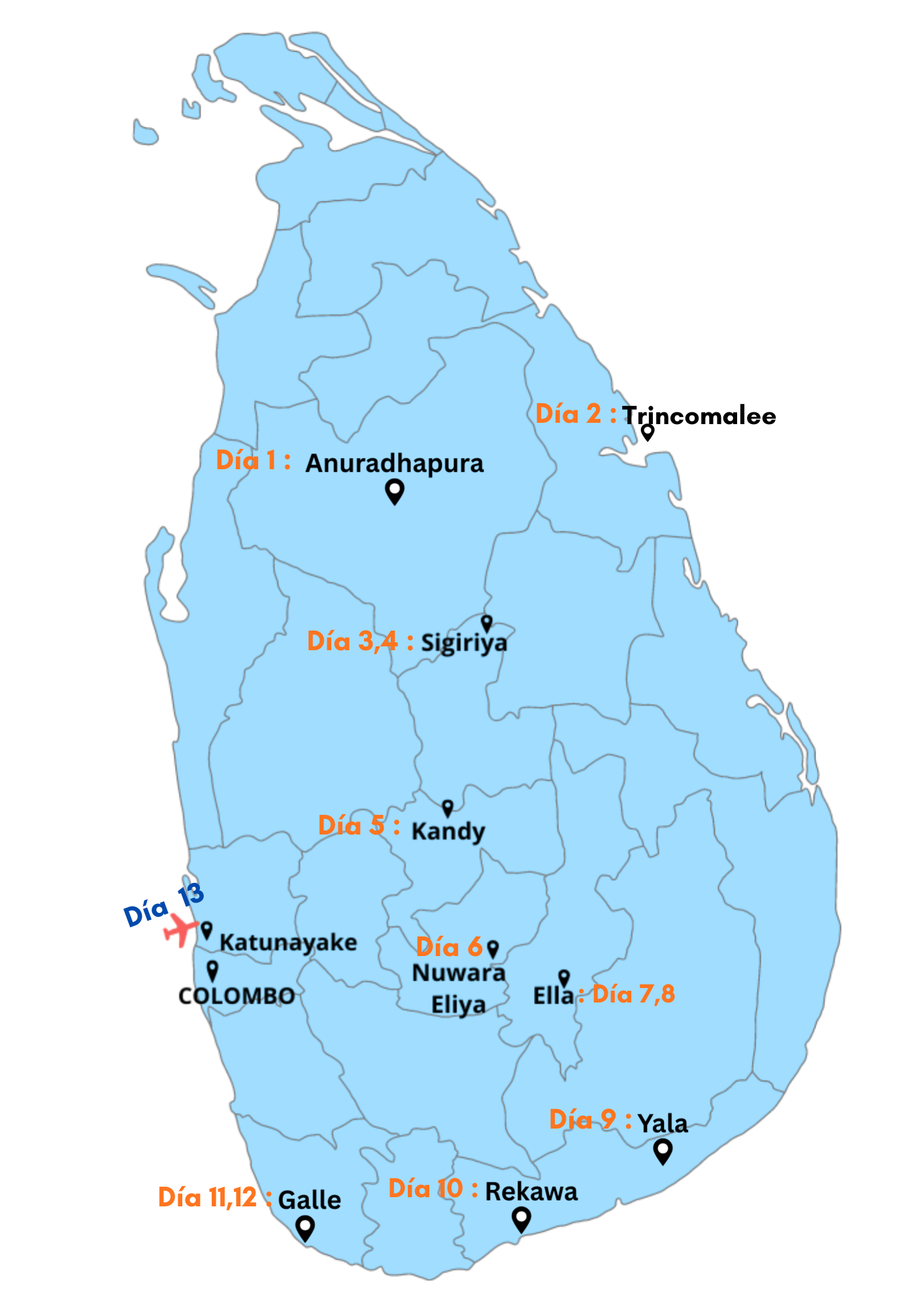 Mapa de Sri Lanka con ruta de viaje marcada por días, con paradas en Anuradhapura, Sigiriya, Kandy, Colombo, Galle, Yala, Rekawa, Ella, Nuwara Eliya y Katunayake, indicando días de recorrido en diferentes lugares.