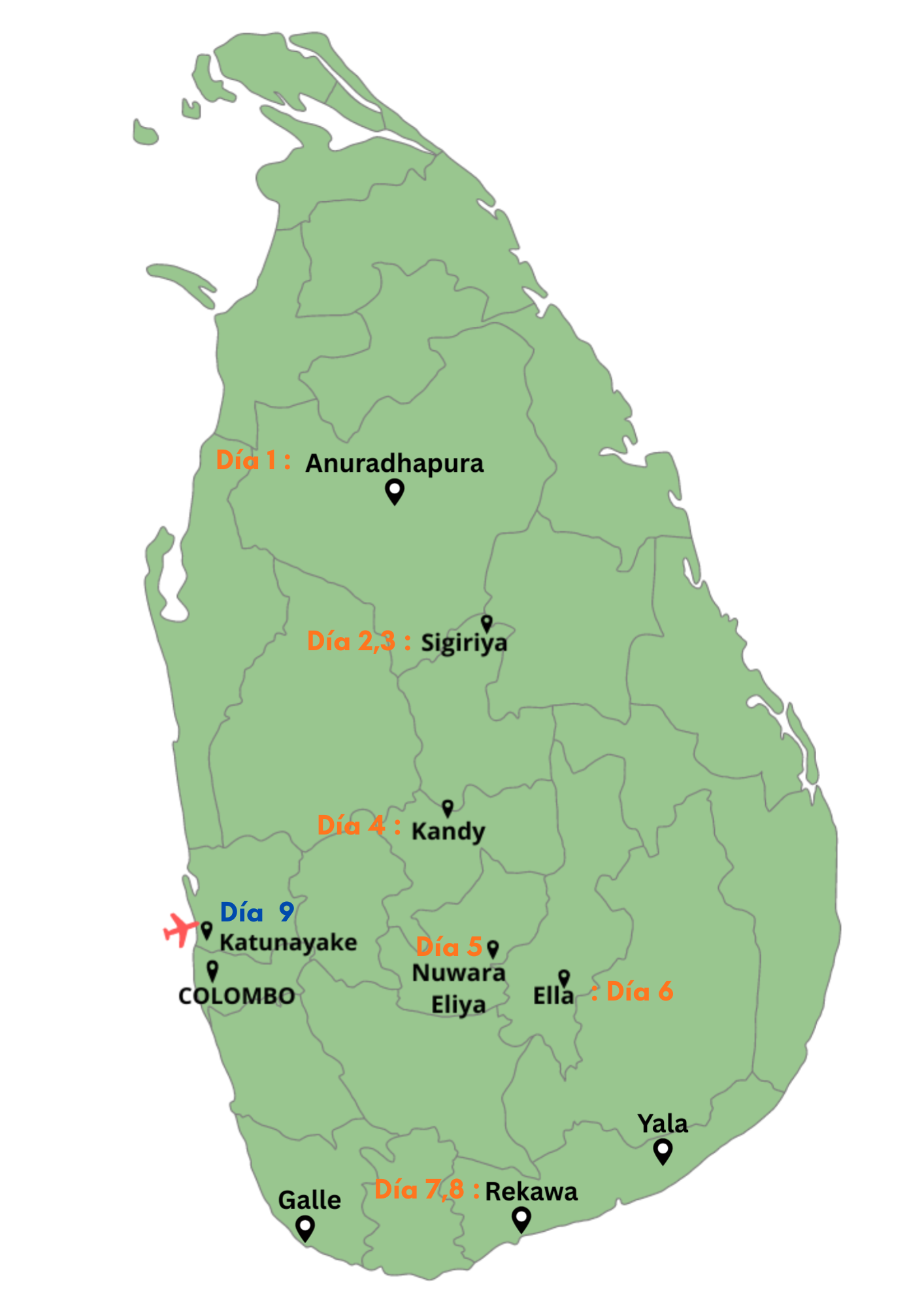 Mapa de Sri Lanka con diferentes ciudades marcadas y actividades diarias enumeradas en color naranja, incluyendo Anuradhapura, Sigiriya, Kandy, Nuwara Eliya, Ella, Badulla, Galle, Rekawa, Katunayake, Colombo y Yala.
