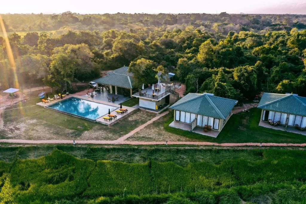 Complejo de cabañas con piscina en un entorno natural con árboles y vegetación