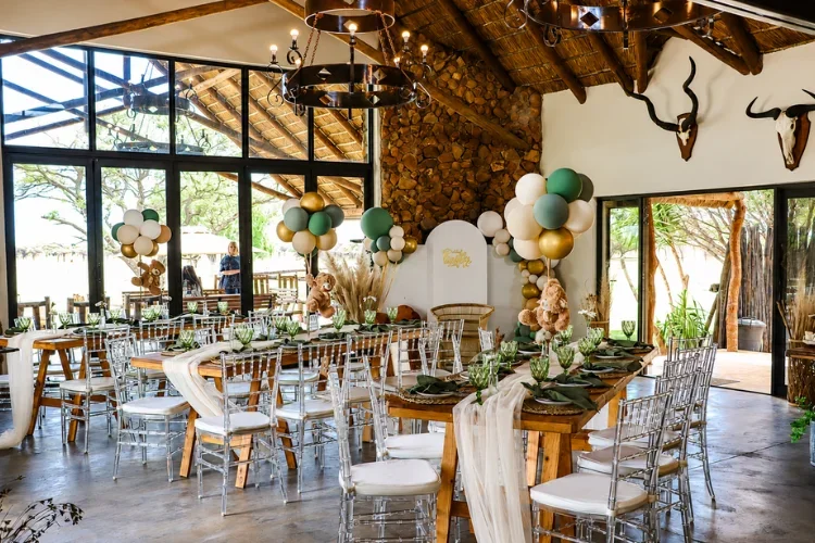Table layout and decor of event inside Berendina Wildsplaas South Africa