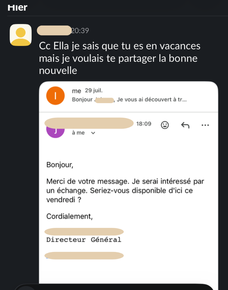 Capture d'écran d'une conversation de messagerie électronique où une personne propose un échange d'objets ou services, et une autre personne exprime son intérêt et demande si une rencontre est possible ce vendredi.