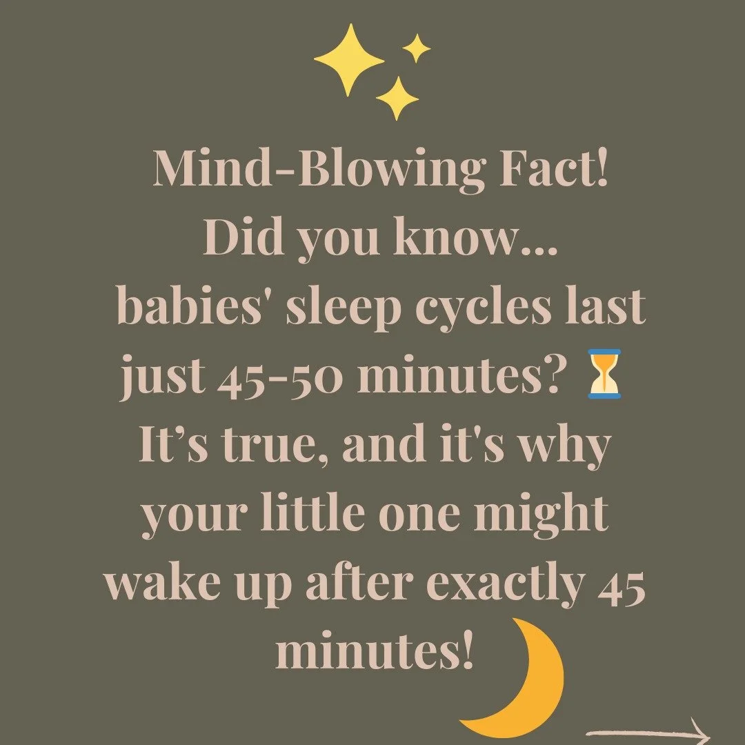 😲 Mind-Blowing Sleep Fact #1 😲

Did you know that a baby&rsquo;s sleep cycle is only 45 minutes? ⏳

This means every 45 minutes, they enter a light sleep phase&mdash;and that&rsquo;s why so many babies wake up after just one sleep cycle! 😵&zwj;💫
