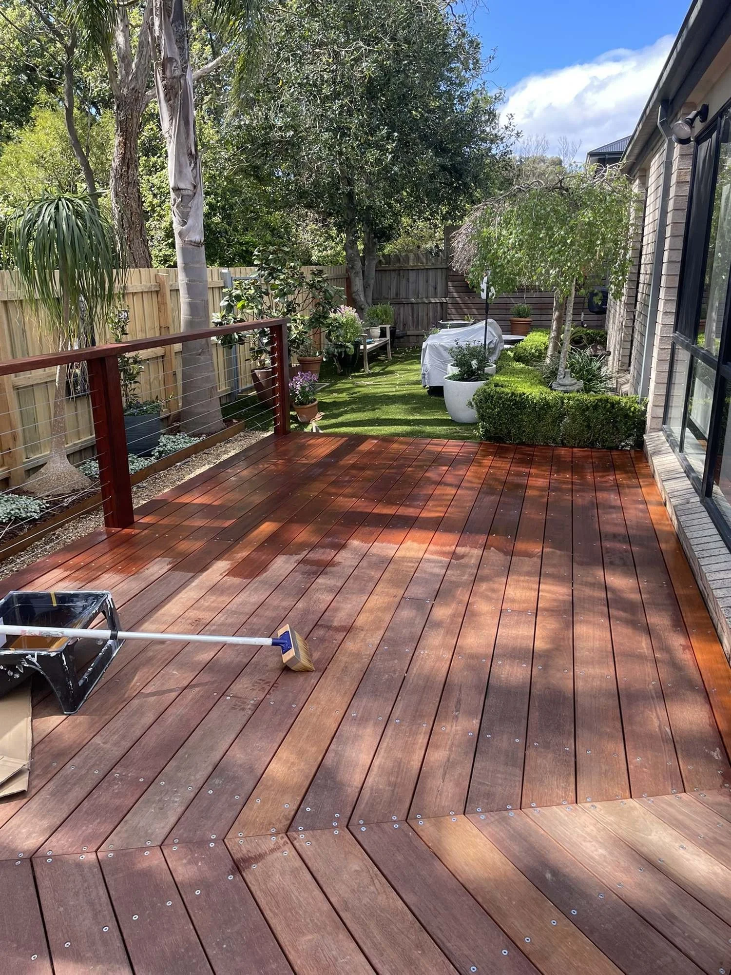 Newly oiled hardwood deck overlooking the garden, Croydon