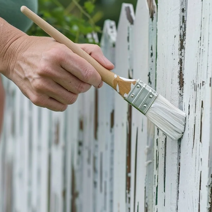 Hand painting a white timber fence with a brush