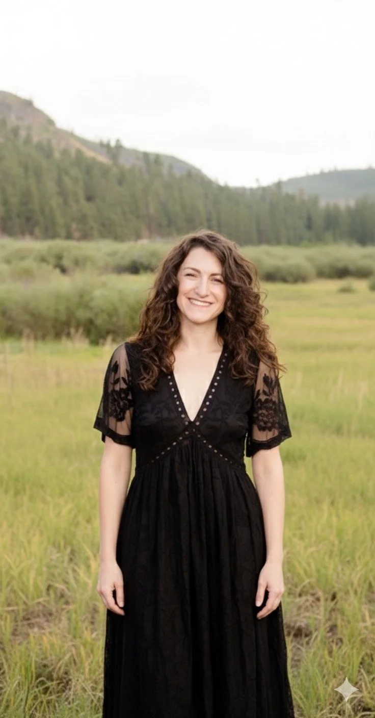 A woman with curly brown hair in a black dress standing in a grassy field with trees and mountains in the background.