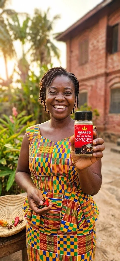 A smiling woman in colorful Kente dress holding a jar of spices outdoors in front of a brick building and greenery.