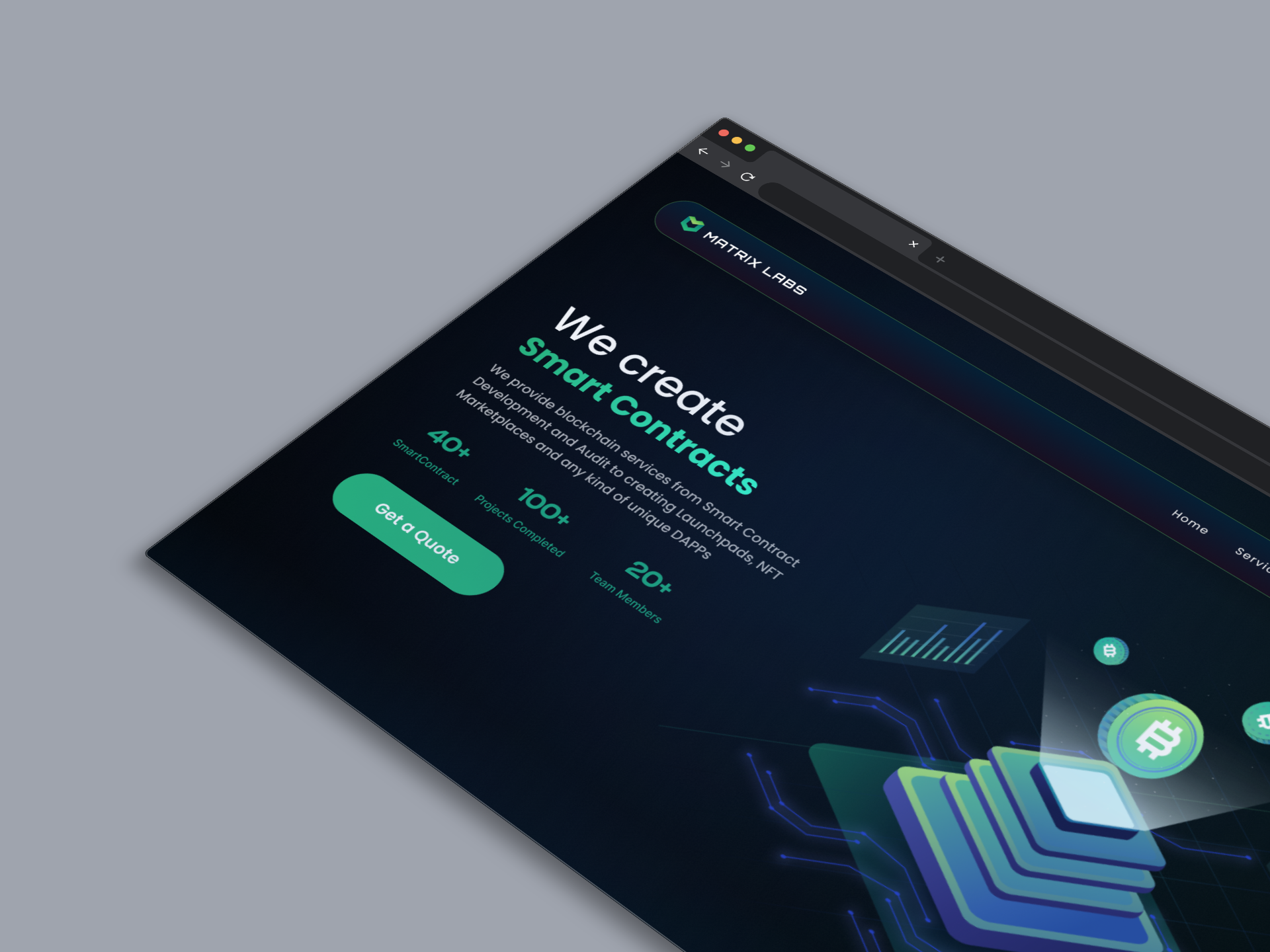 Screenshot of a website homepage for Matrix Labs, a blockchain development company. The page features a dark background with a futuristic design, highlighting services for creating smart contracts. There is a green call-to-action button labeled 'Get a Quote' and key statistics about their projects and team.
