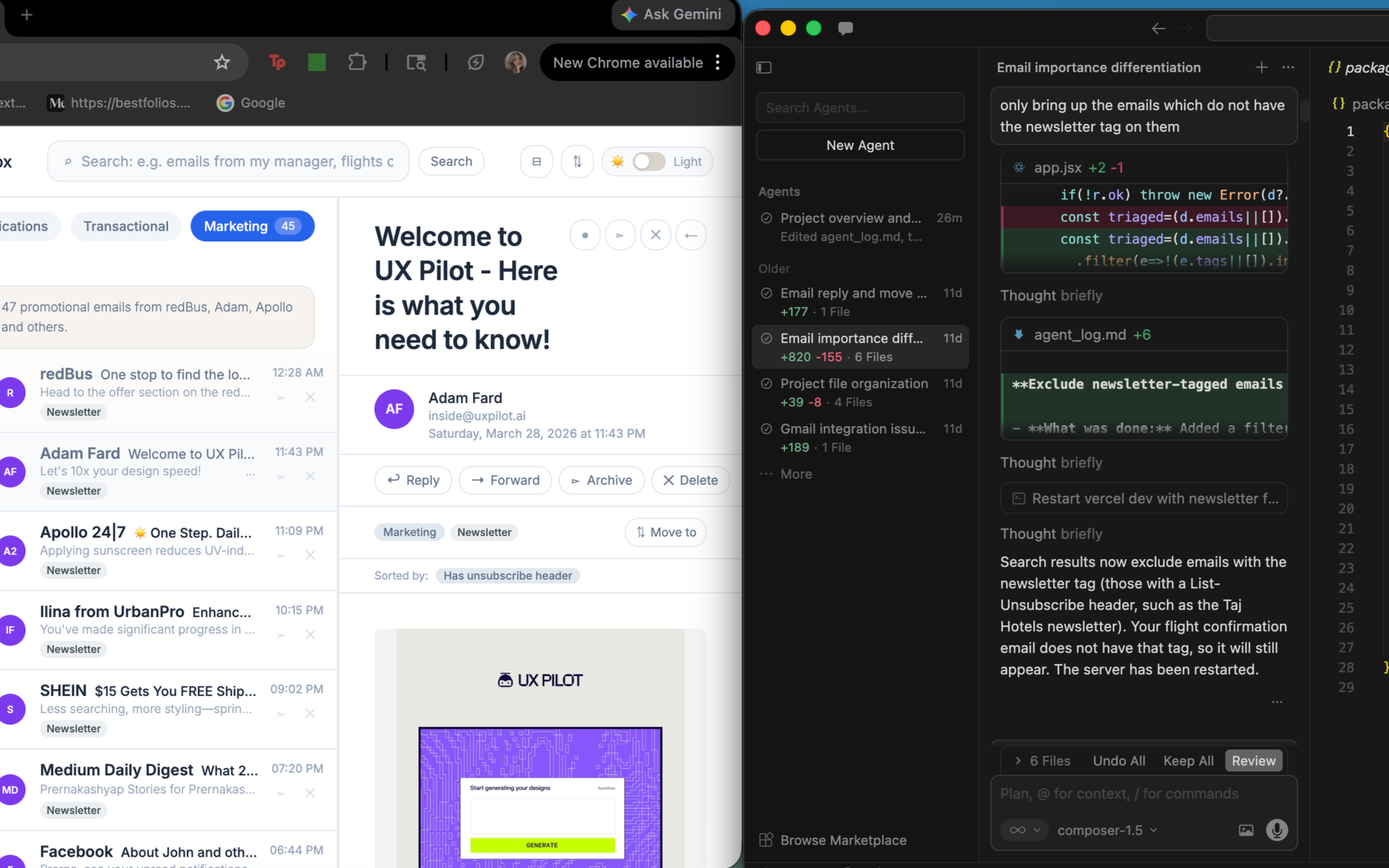 Desktop screen displaying an email inbox on the left side and a code editor on the right side. The email inbox shows various messages, with the main message titled 'Welcome to UX Pilot - Here is what you need to know!' from Adam Fard. The code editor contains JavaScript code and comments related to email filtering and newsletter tagging.