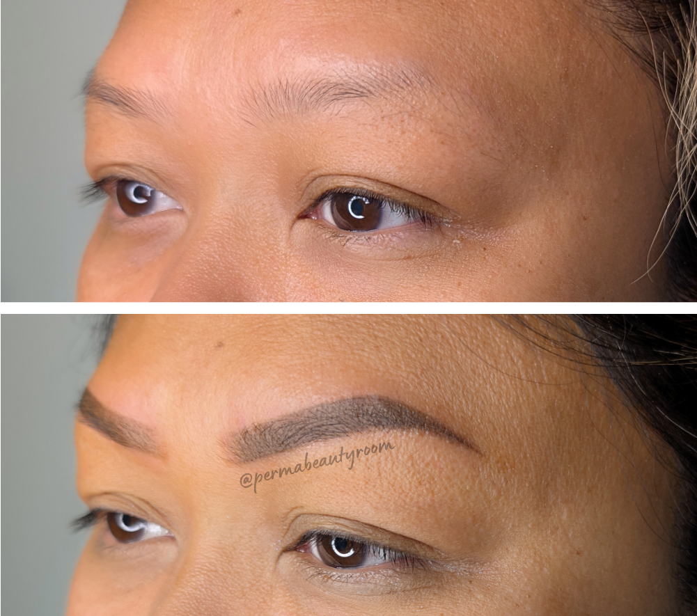 Close-up of a woman's face with before and after eyebrow makeup application, showing the transition from natural to filled-in, defined eyebrows.