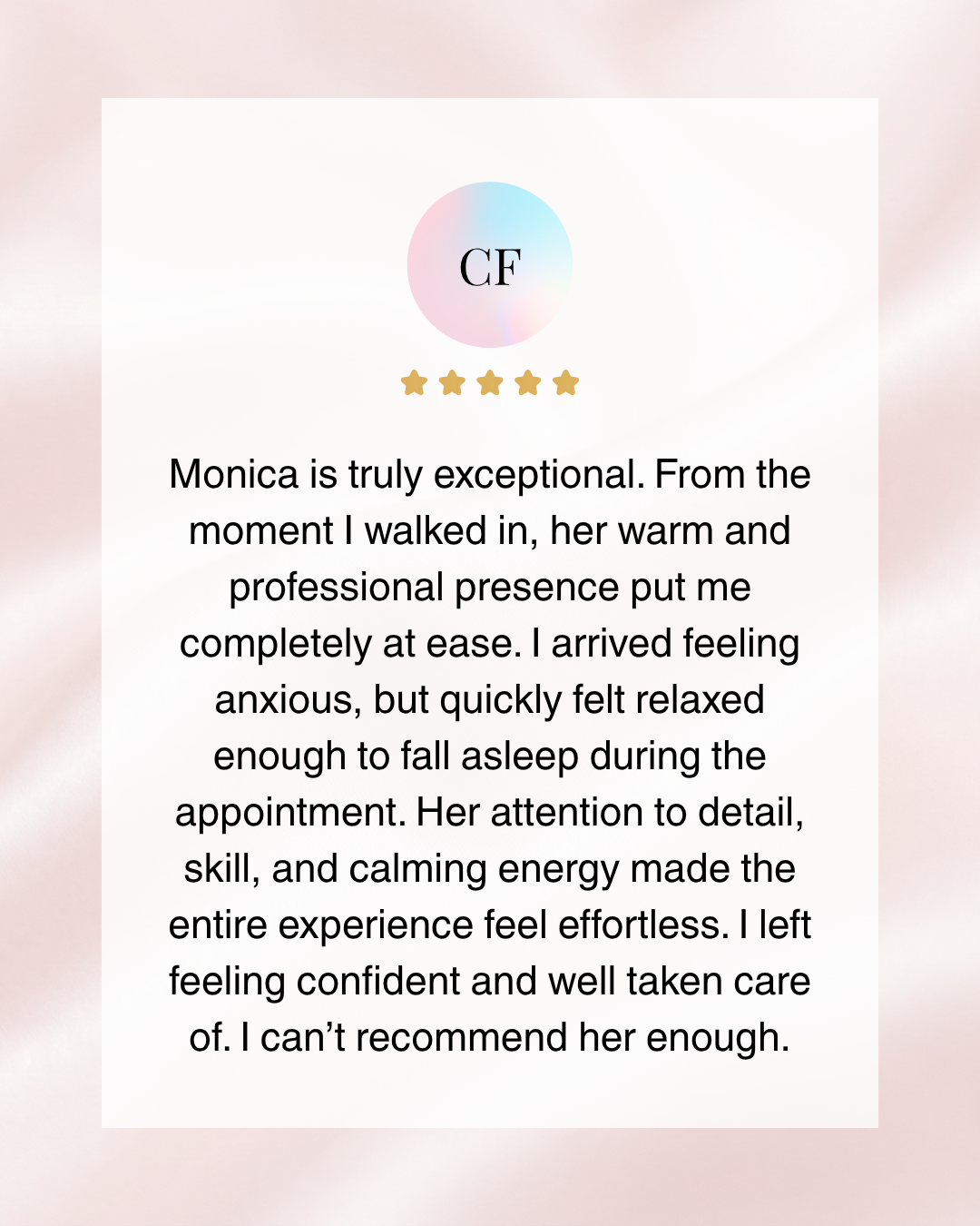 Customer review with five-star rating for Monica, praising her brow shaping skills and explaining her thorough guidance, highly recommending her services.