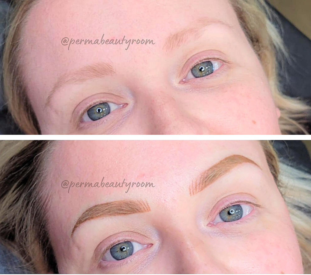 Close-up of a person's face showing a before and after of eyebrow microblading, with the upper image showing natural eyebrows and the lower image showing newly tattooed, defined eyebrows.