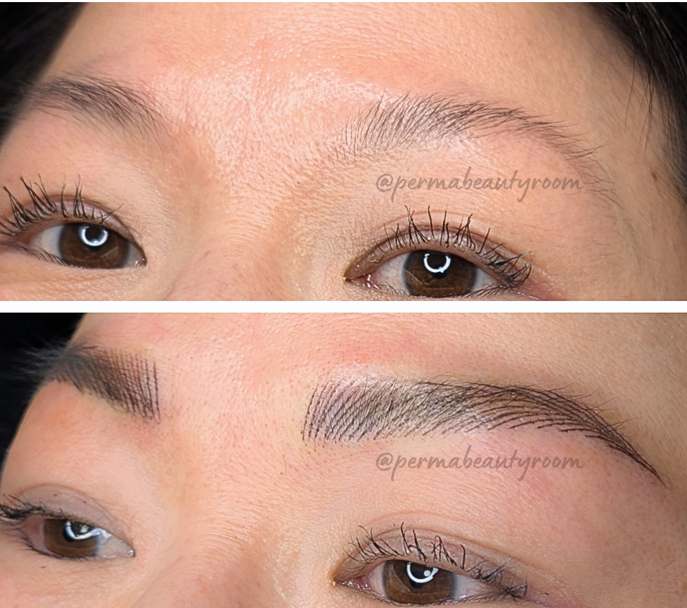 Close-up of a person's eyes and eyebrows before and after eyebrow shaping.