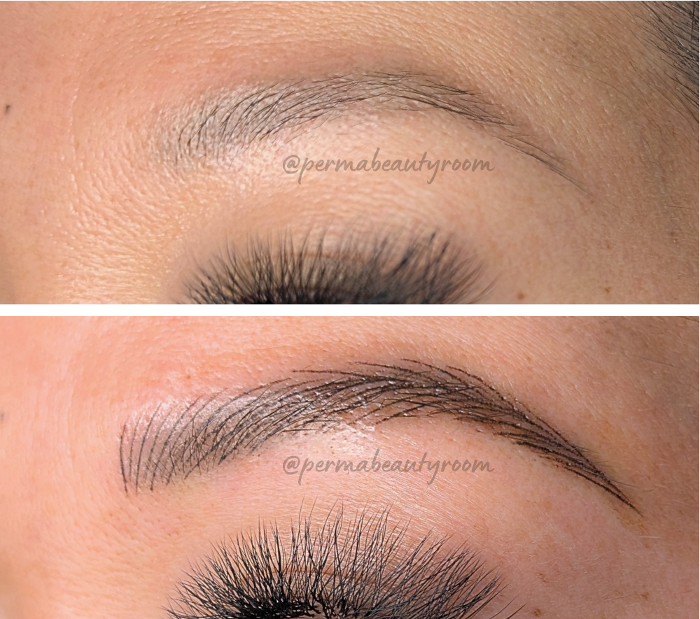 Close-up of a person's eyebrow and eye before and after microblading or eyebrow enhancement, showing improved eyebrow shape and fullness.