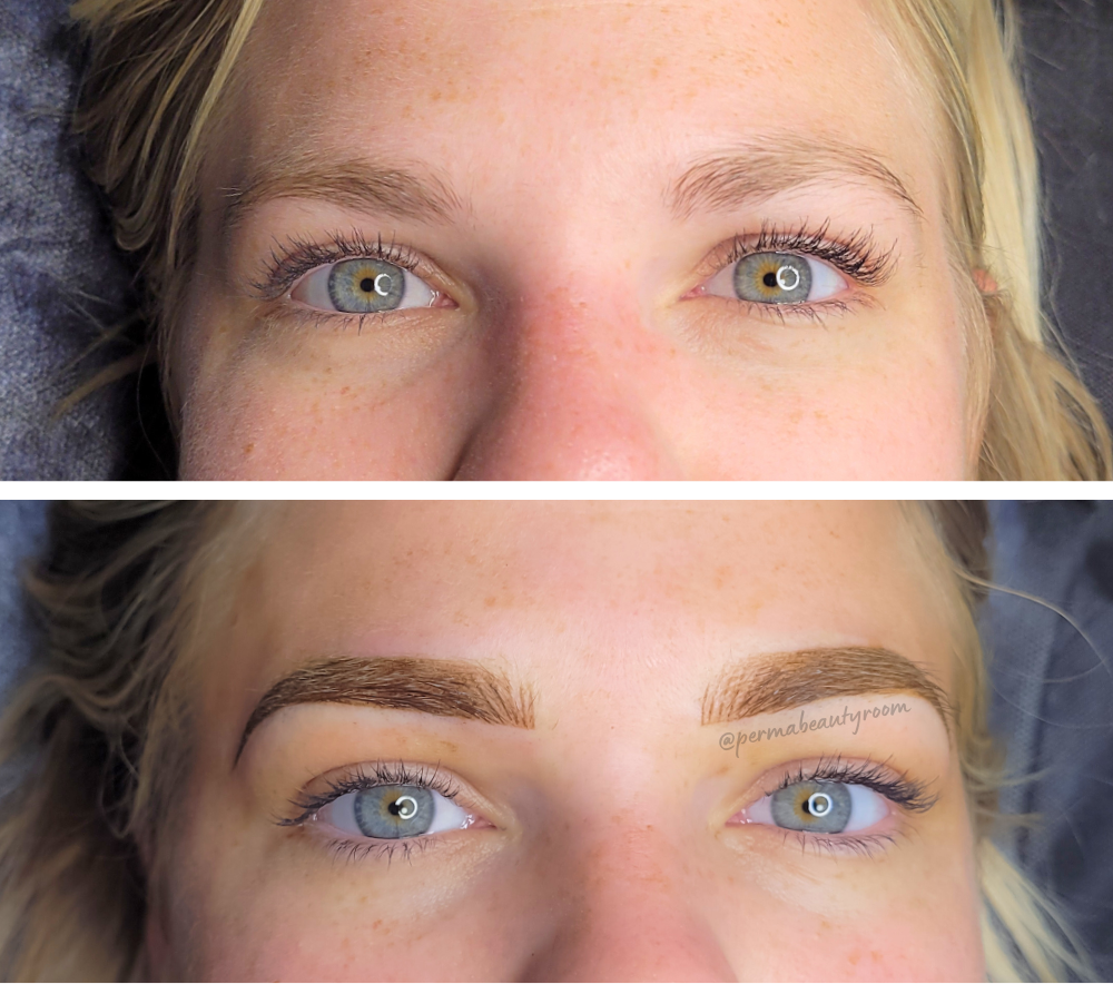 Close-up of a woman's face showing before and after eyebrow makeup application, highlighting the filled-in, shaped eyebrows in the bottom image.