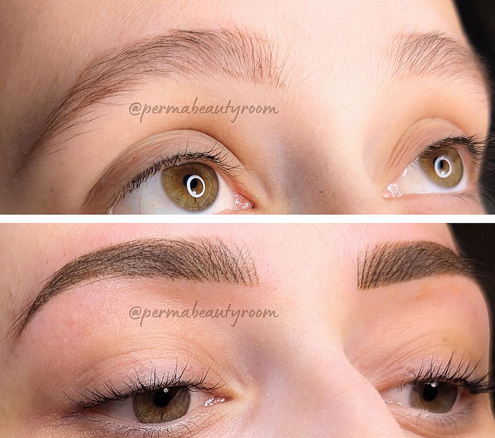 Close-up of a woman's eyes before and after eyelash extension, showing long, curled eyelashes and well-defined eyebrows.