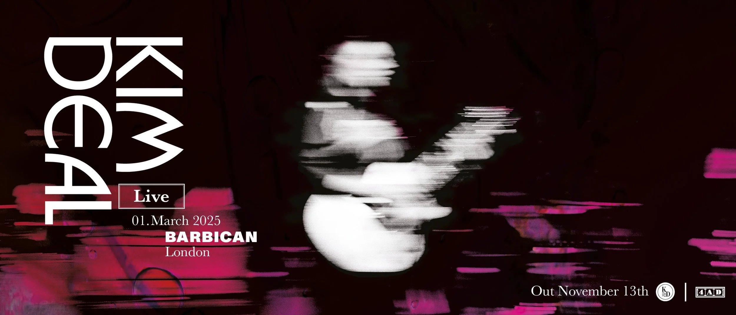 A promotional poster for a live music event featuring an abstract, blurry black and white face with pink accents. The text includes details for the event, such as date, location, and ticket information.