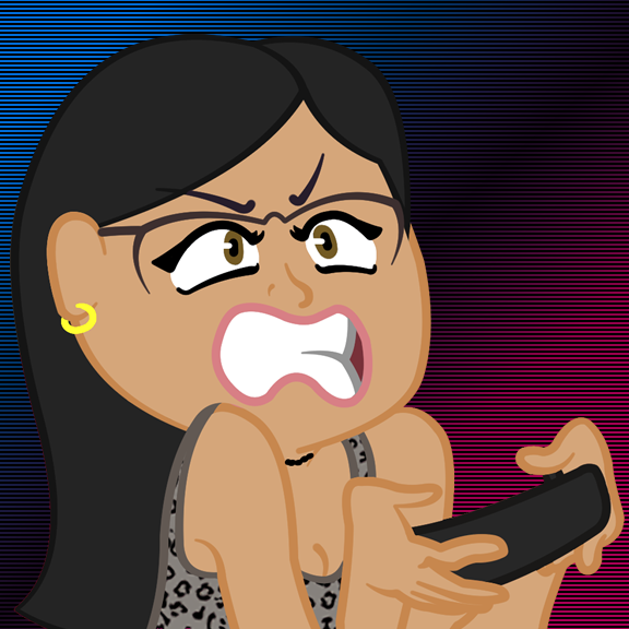 A cartoon version of Rosa looking frustrated playing a video game.