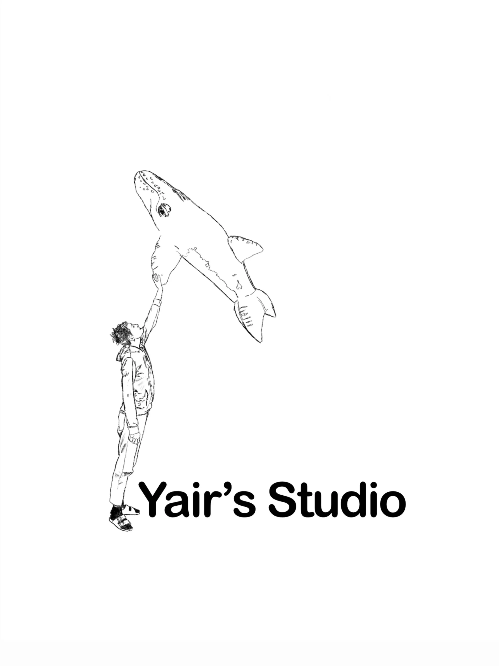 Line drawing of a person reaching up with one arm to touch the nose of a large whale, with the text 'Yair's Studio' below.
