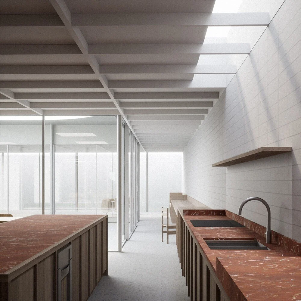 Geelong architecture, Surfcoast architecture, Melbourne architecture, regional architecture, residential architecture, house design, courtyard house, skylight, coffered ceiling, exposed beam ceiling, lightwell, kitchen design, marble bench.