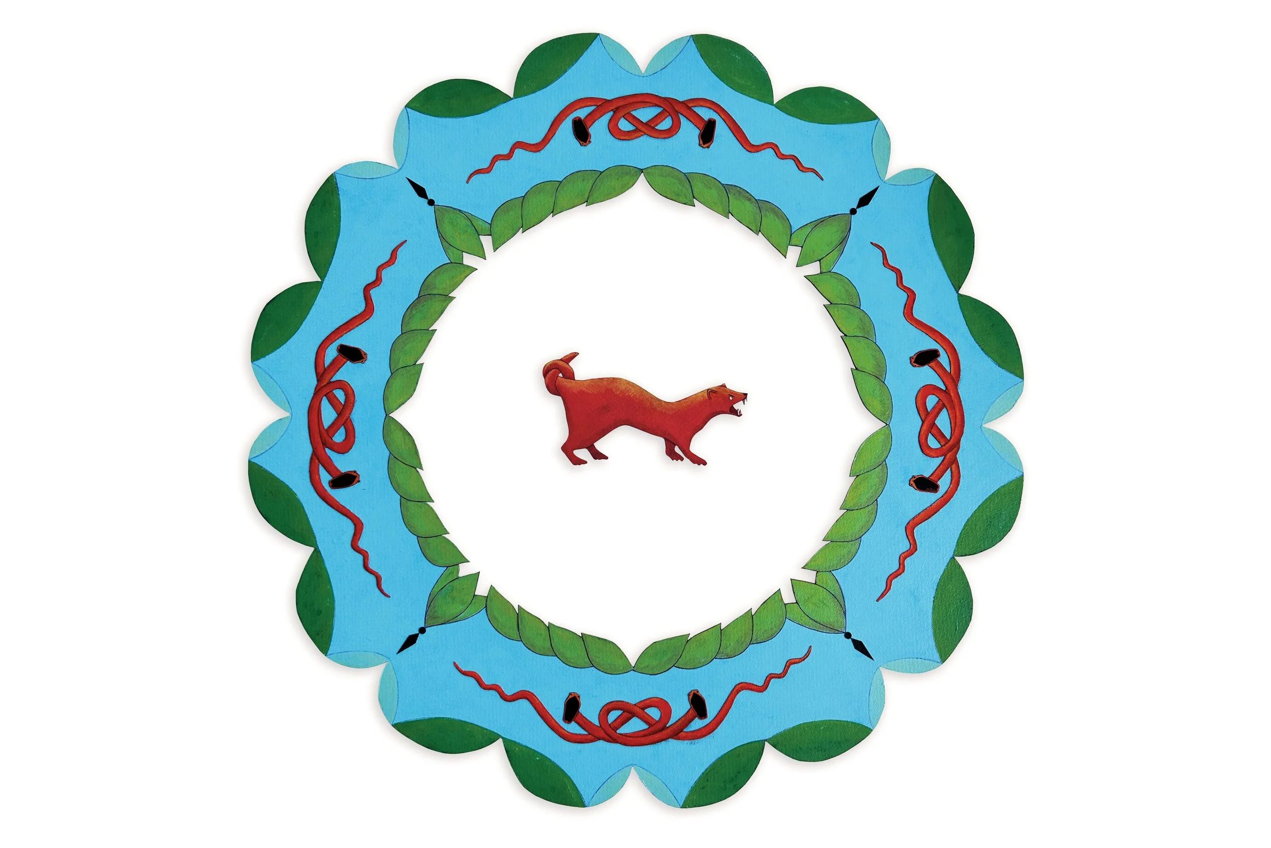   Angry Baby Snakes (with fisher cat),  2026 Acrylic, collage, and rhinestone on cut paper, approx 22” diameter  View Next Image →  