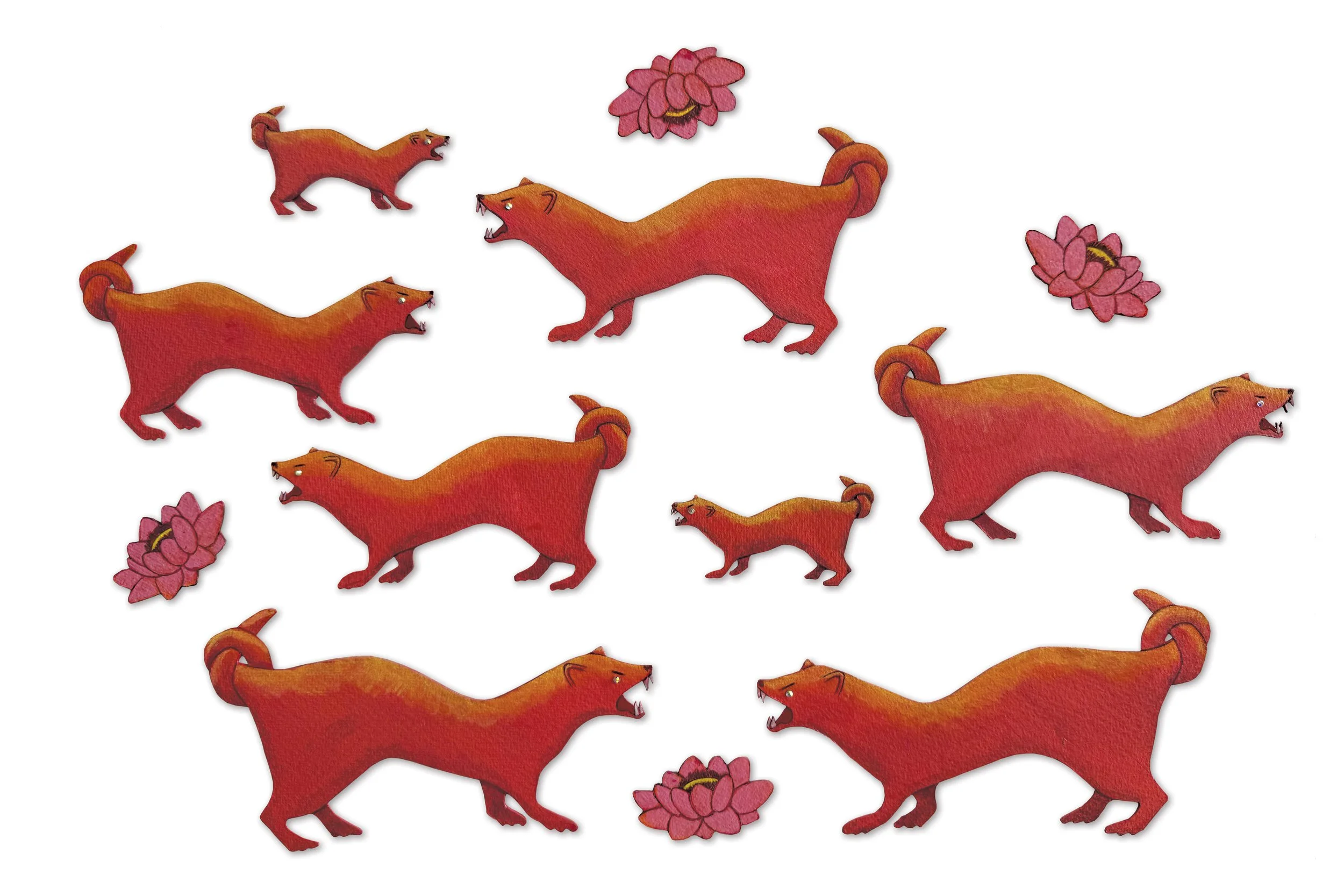   Weasels Without Commentary,  2022 Acrylic and rhinestones on cut paper, approx 2.5–6” long  View Next Image →  