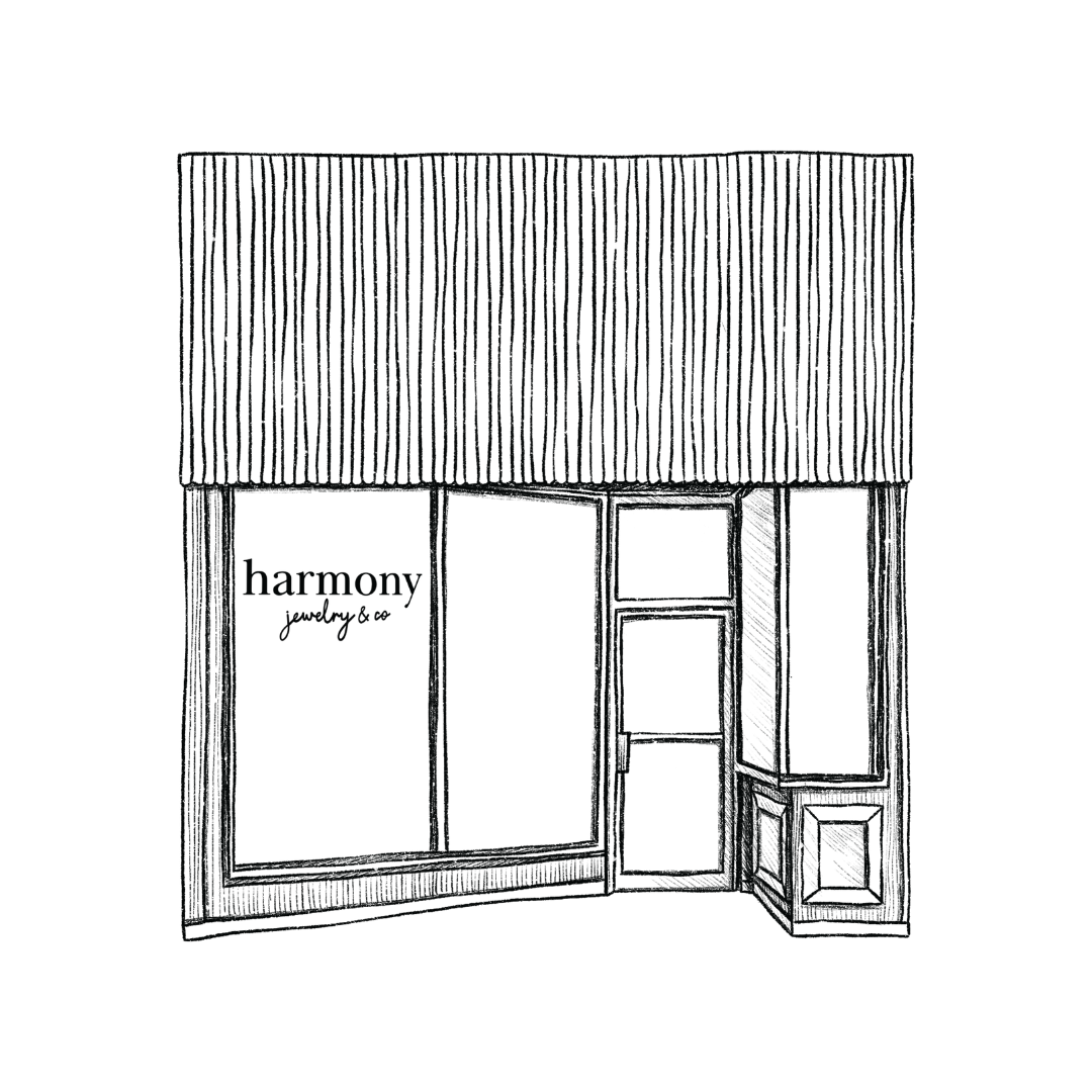 Sketch of a storefront with the word 'harmony' written on the window and small display shelves on the side.