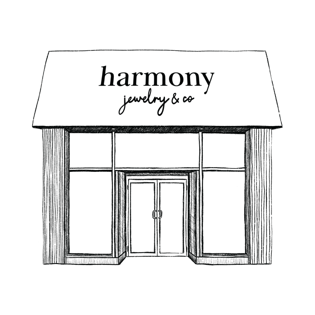 Outline illustration of a storefront with a large sign reading 'harmony jewelry & co' on the awning.