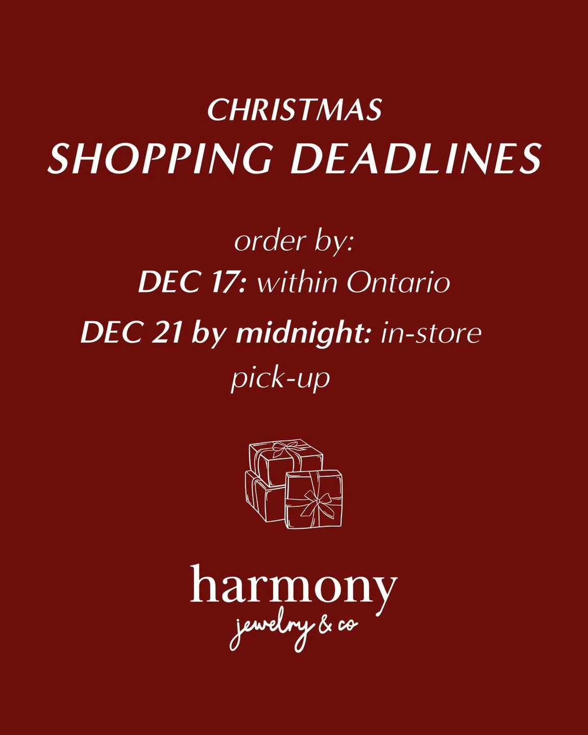 Christmas Deadline REMINDER!!
Need your gifts by Christmas? Are you placing a shipping order within Ontario? Make sure to place your order by Wednesday December 17th to get your items on time.

Don't miss out on getting the perfect affordable gift th