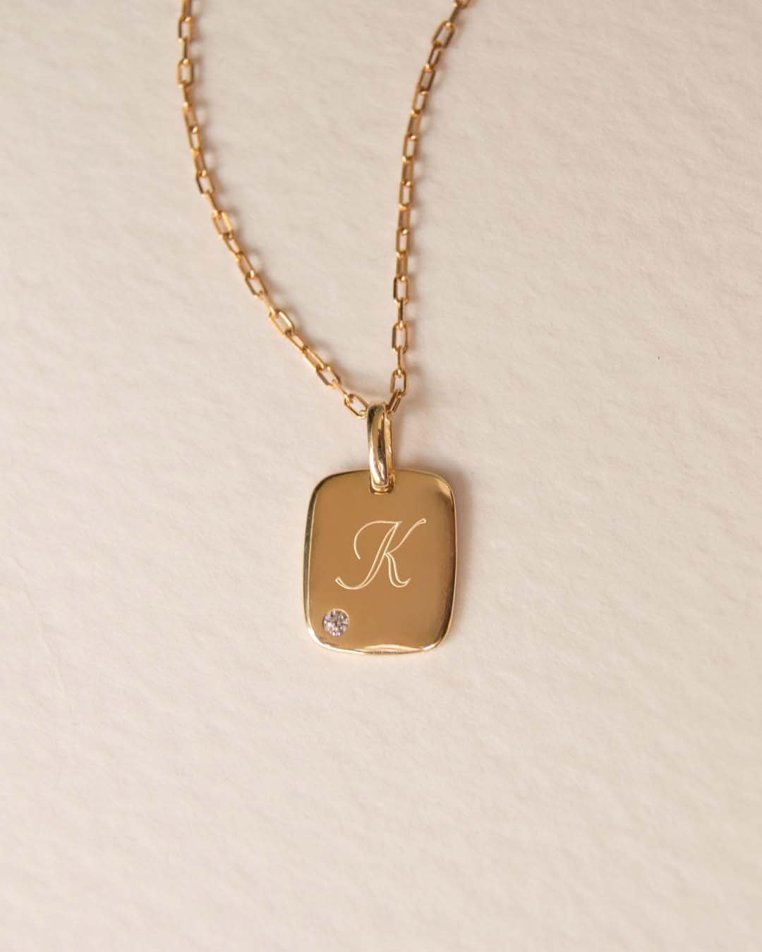 Solid Gold Tag CZ Necklace