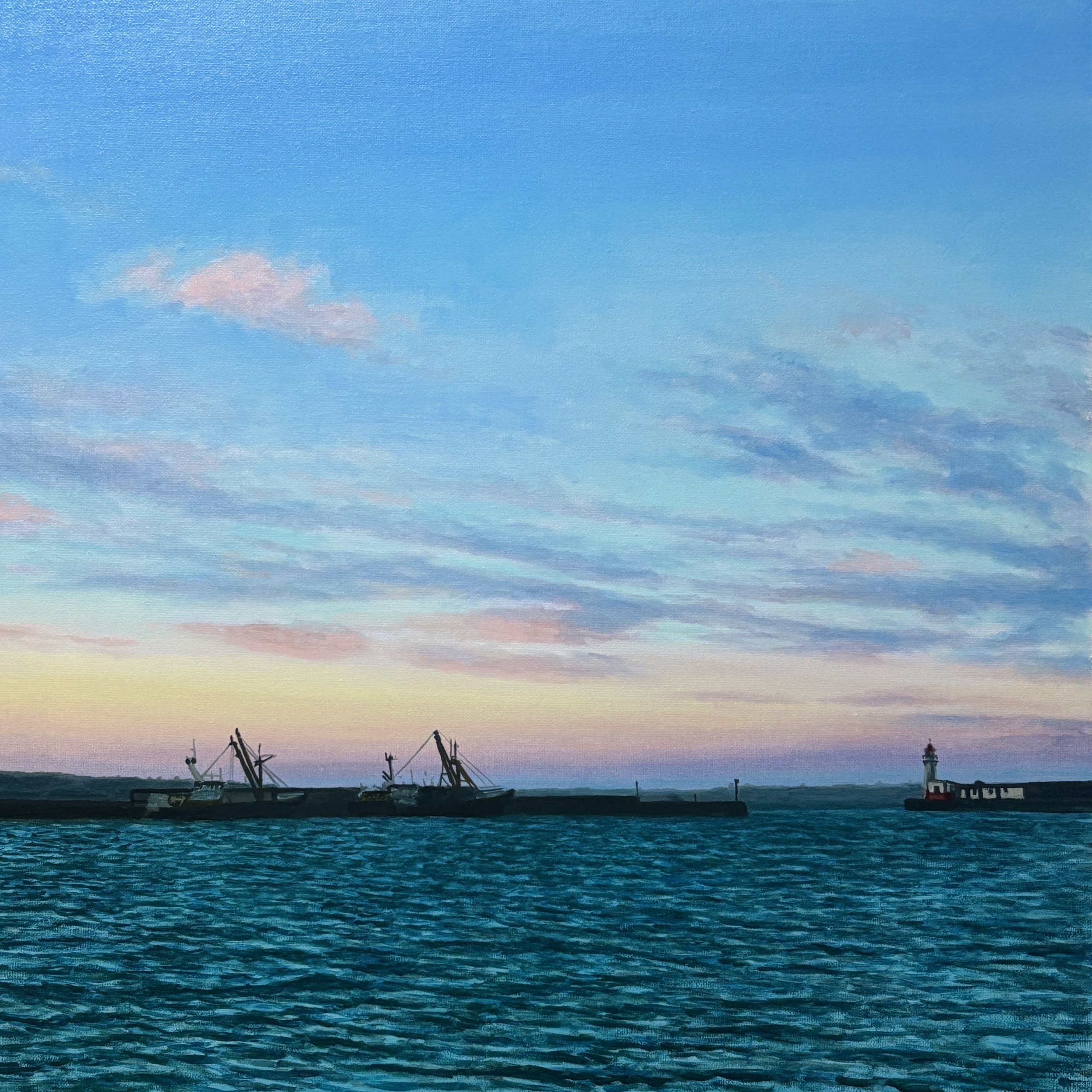 Evening high tide, Newlyn. 40x40cm oil on canvas board.
Available soon.