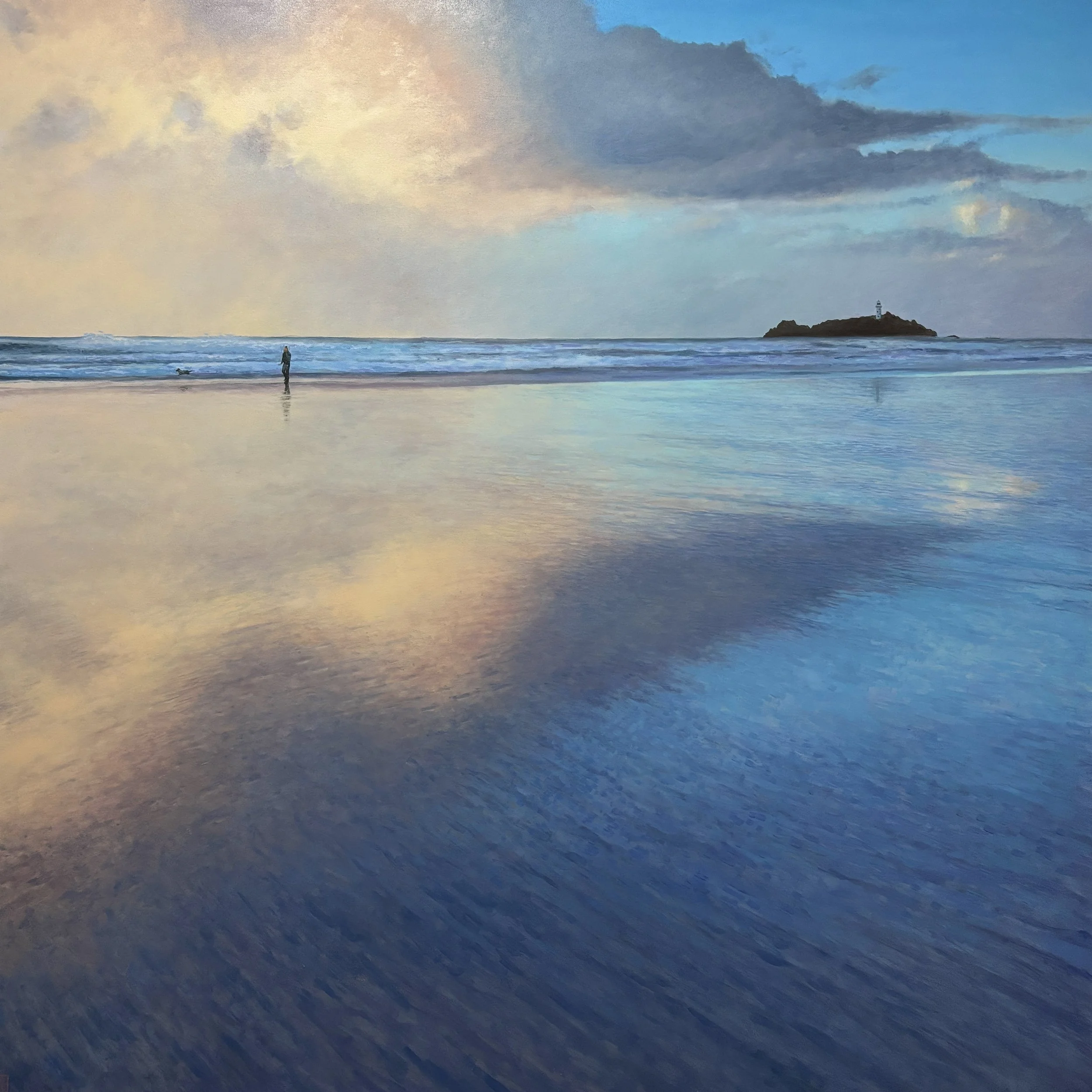 Godrevy lighthouse, across the wet sand. 2026 100x100cm, oil on panel. Available soon.