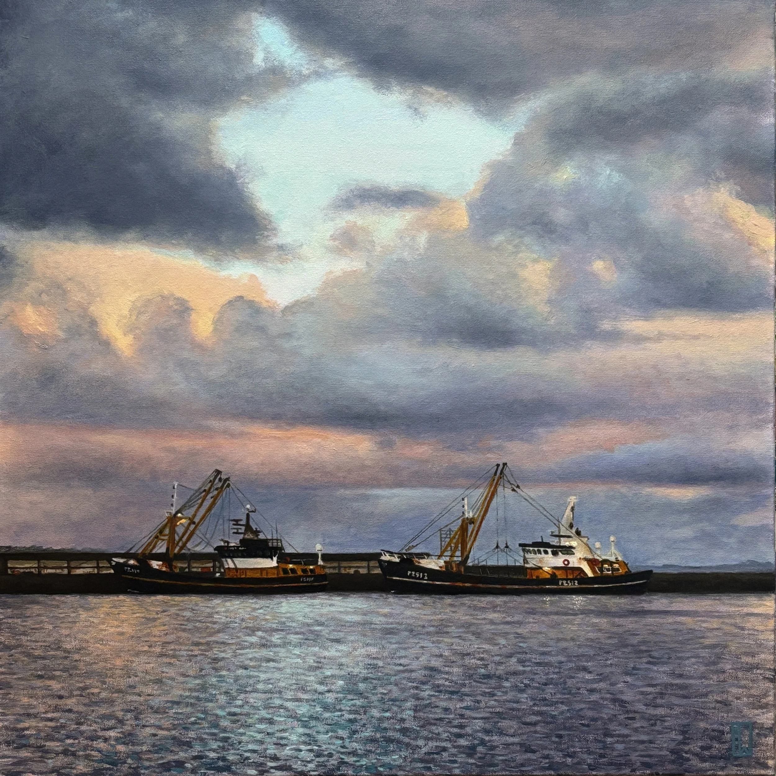 PZ115 ‘Steph of Ladram’ and PZ512 ‘Cornishman’ Newlyn, North Pier. 40x40cm oil on canvas. 2025.
Available soon.
