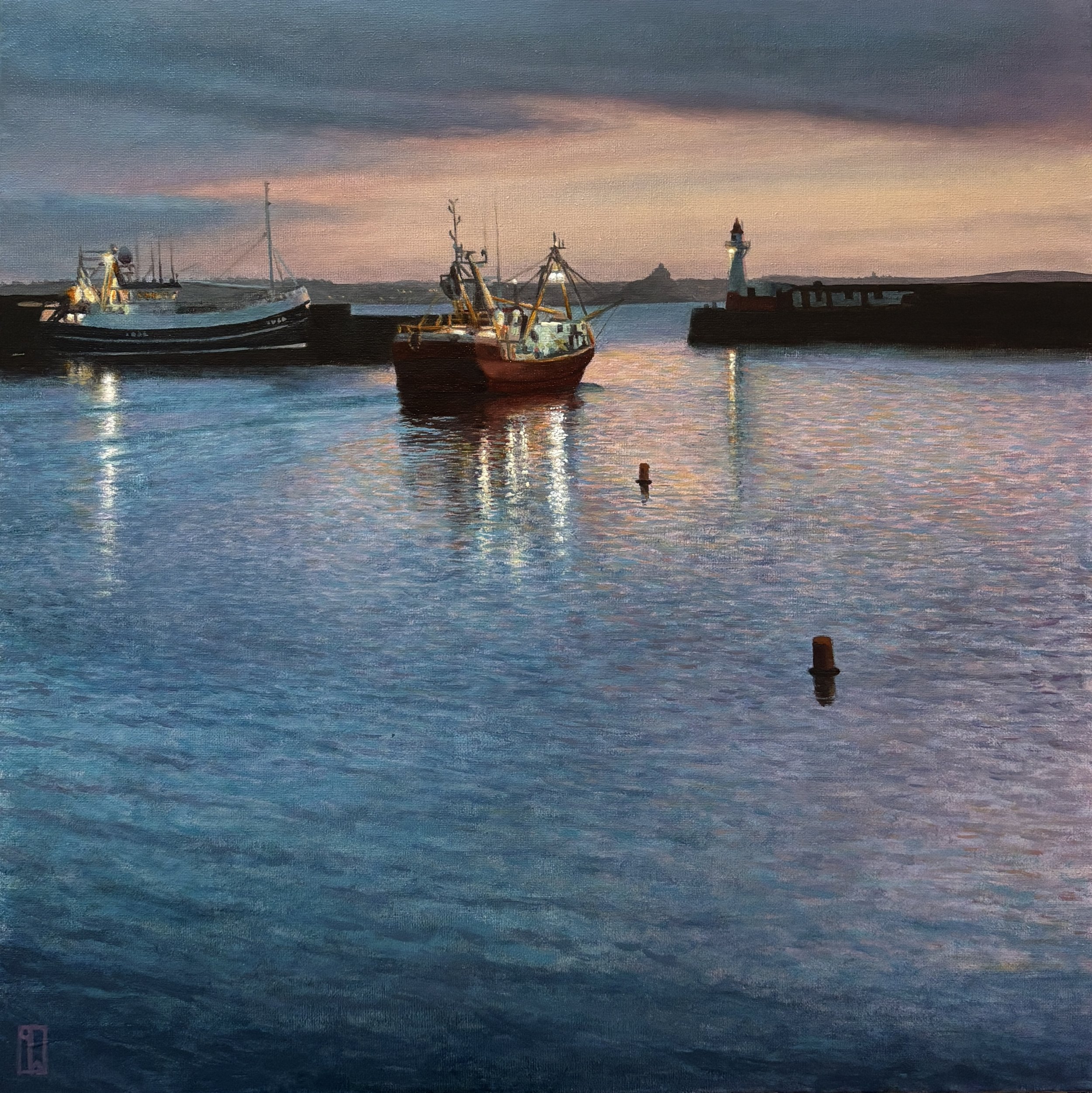Leaving Newlyn at dawn, 2025. 40x40cm oil on canvas. £695.00 🔴