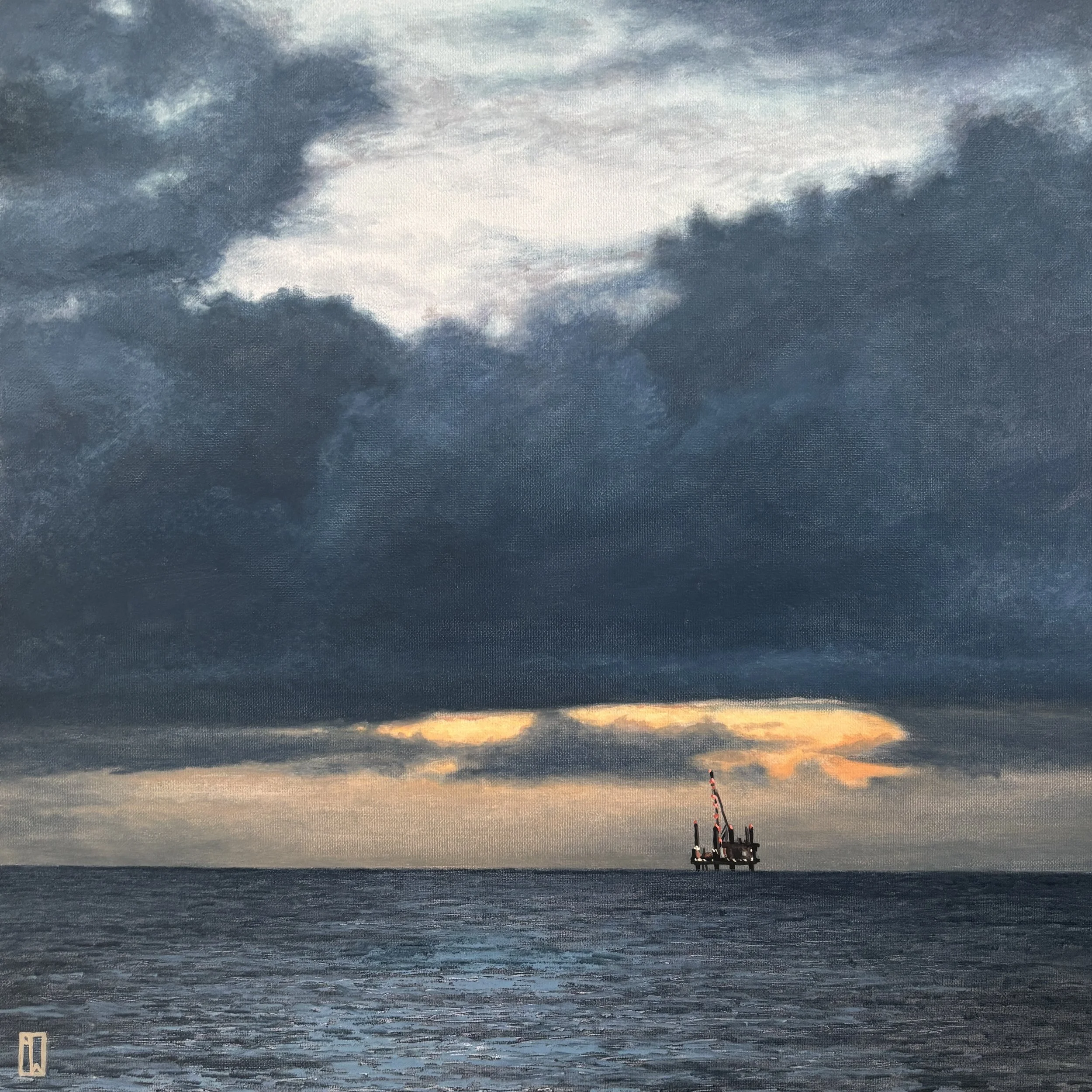 Sea fox 7 platform, blue Mounts bay dawn. 2026. 
40x40cm oil on canvas panel. Available soon.