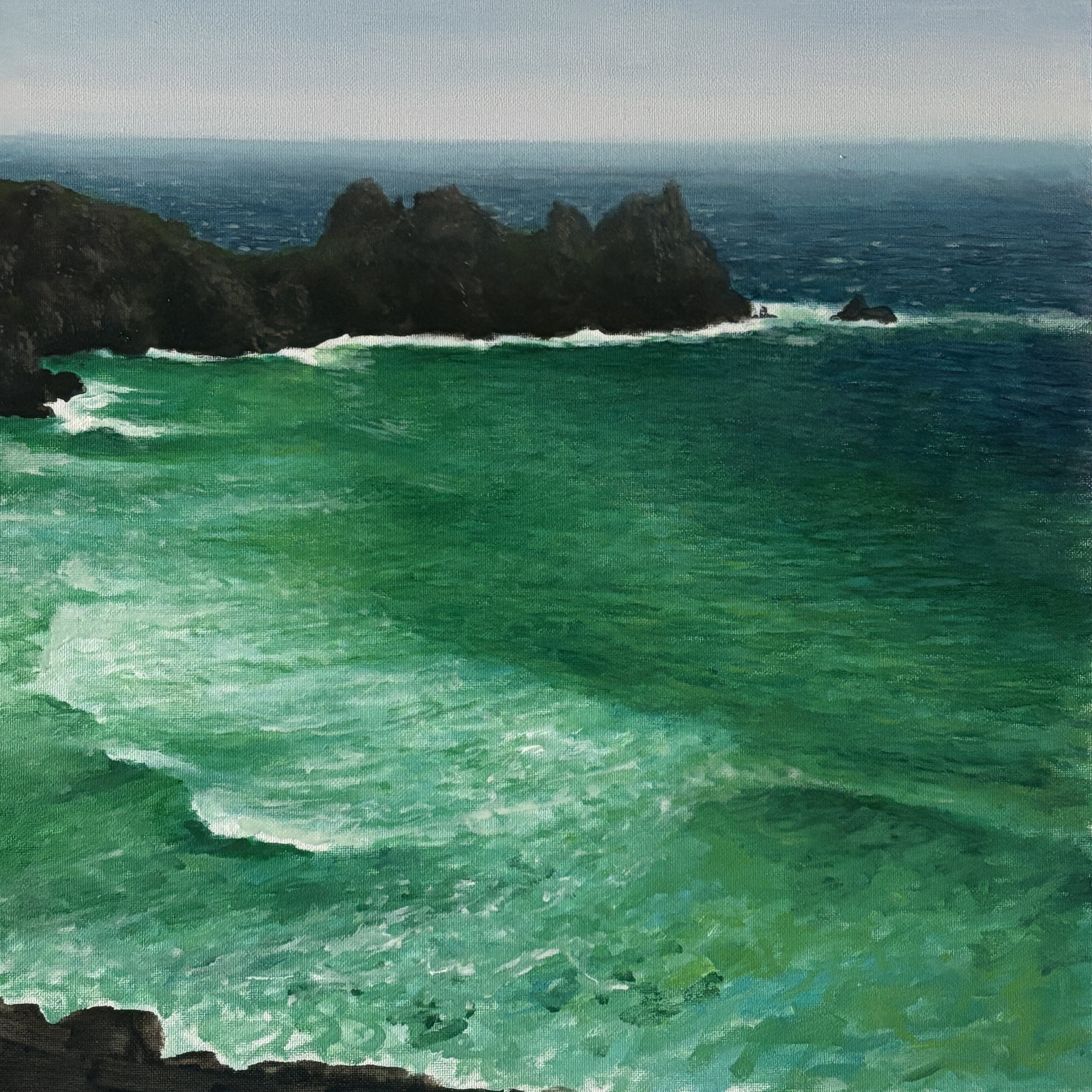 Logan rock, high tide. 30x30cm, oil on canvas panel. 2026
Available soon.
