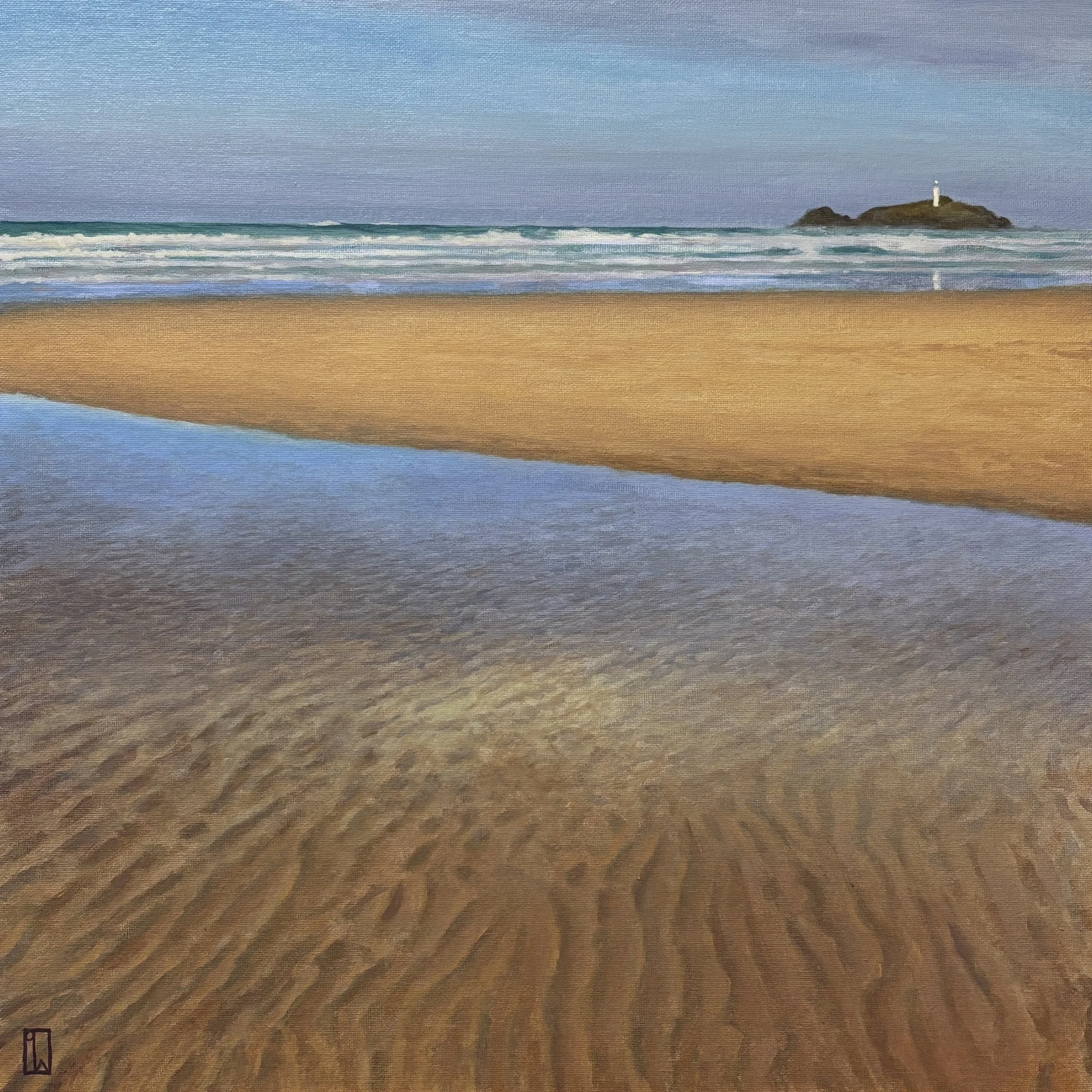 Beach pool, towards Godrevy. 40x40cm, oil on canvas panel. 2026. Available soon.