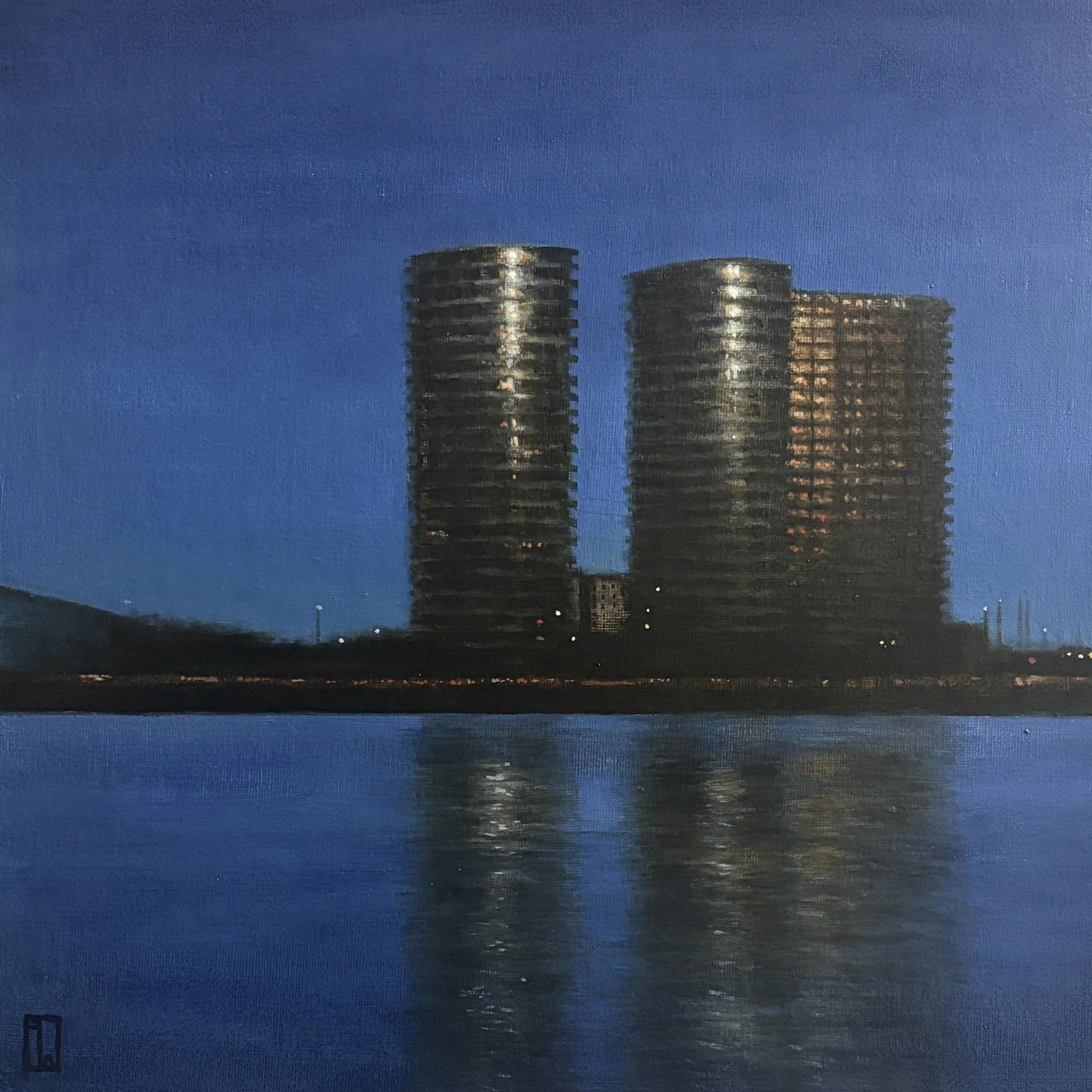 Across the Thames towards docklands. 30x30cm, oil on canvas, 2025. 
Available soon.