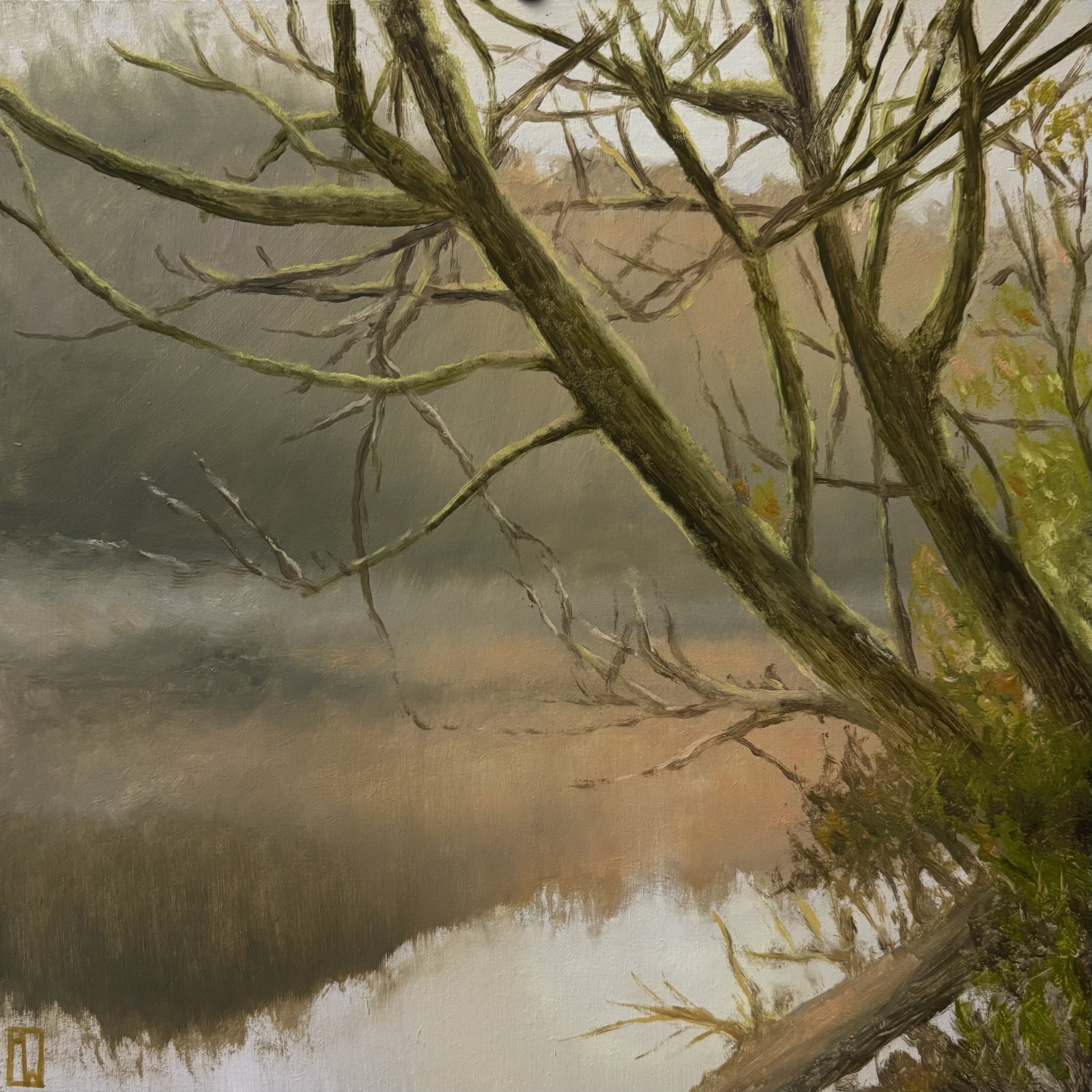 Dawn mist halo, Luddington. Plein air study. 20x20cm oil on board. £225.00.
