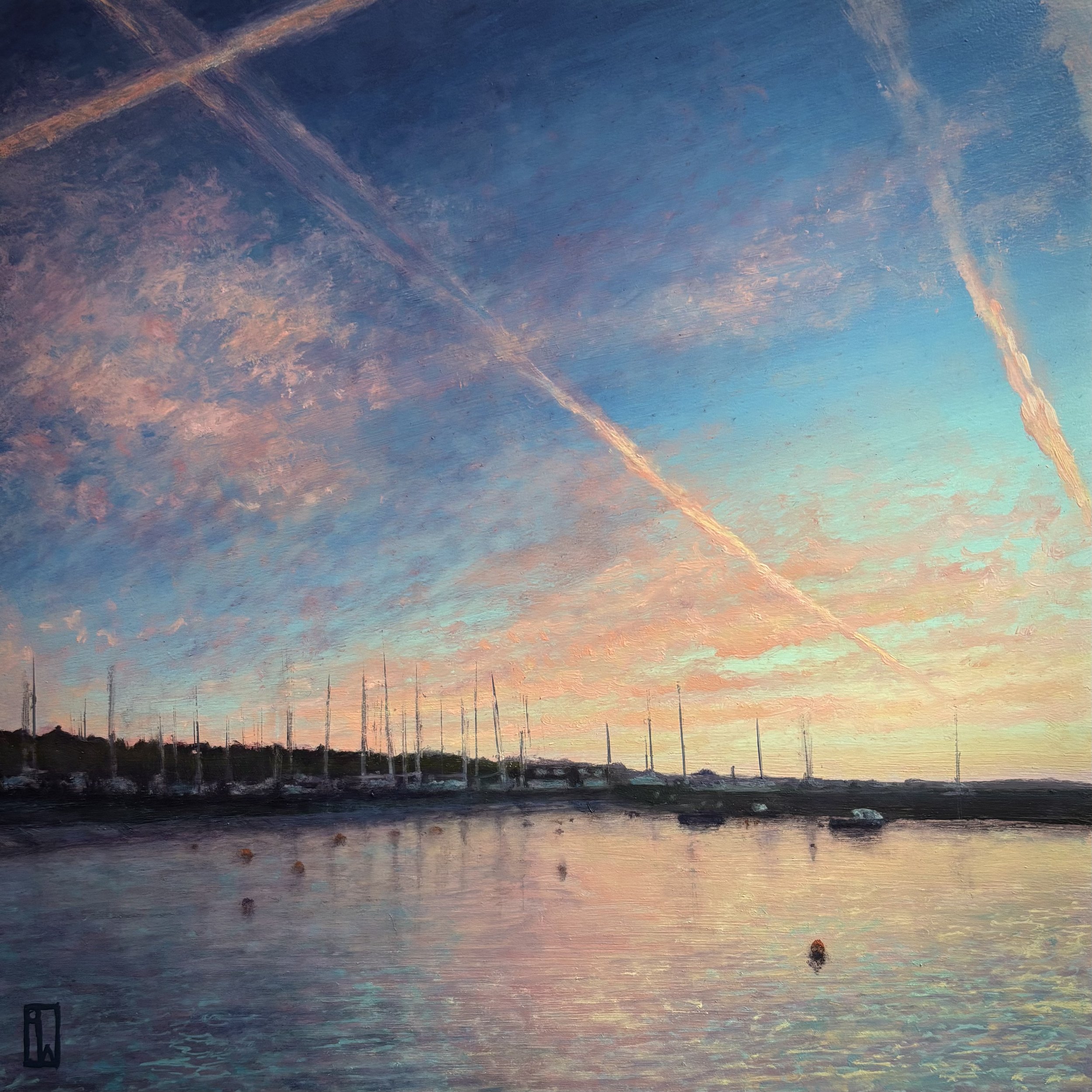 Boats layed up for winter, Penzance harbour dawn. 2025. 26x26cm oil on board. Available soon.