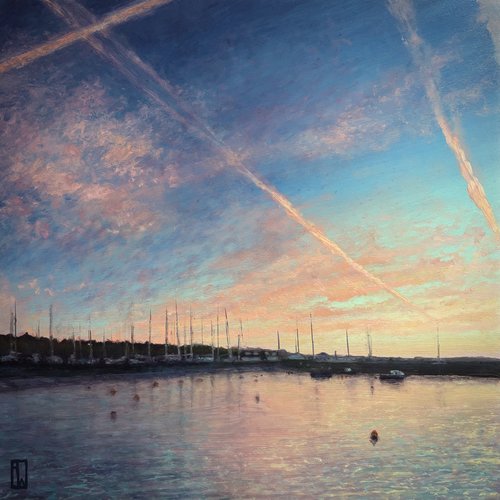 Boats layed up for winter, Penzance harbour dawn. 2025. 26x26cm oil on board. Available soon.
