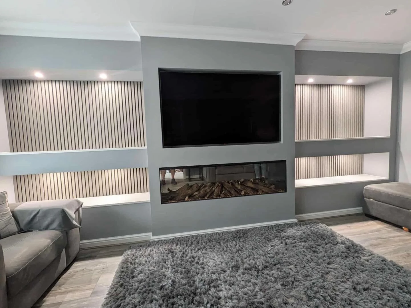 Really happy with the transformation we achieved by adding these white quartz shelves &amp; acoustic panelling to the alcoves of a past media wall we carried out. Swipe to the end to see the before pics, let us know what you think in the comments 🙌?