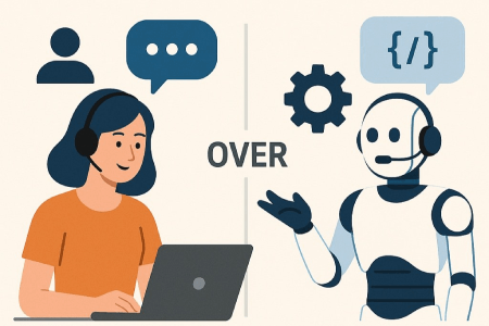 image of a call center person speaking to an AI robot