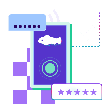 Digital device with a fish icon, star rating, and communication symbols, illustrating app or game review and interaction.