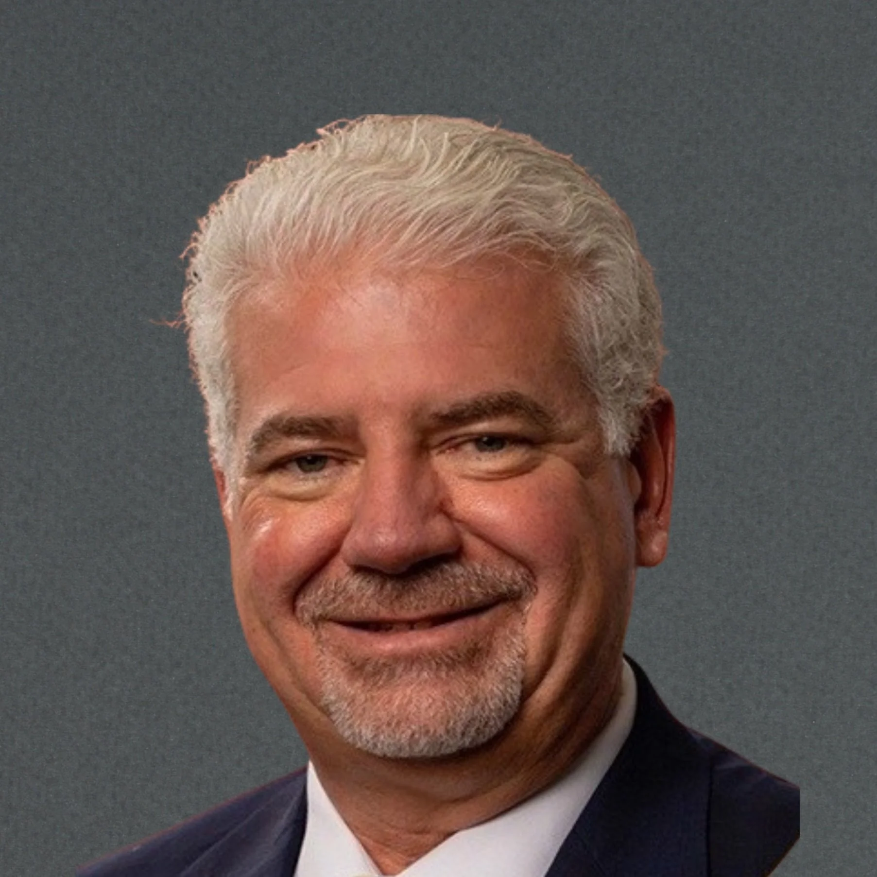 Sean M. Bradley, B.A., Board Treasurer, with white hair and beard in a suit against a gray background
