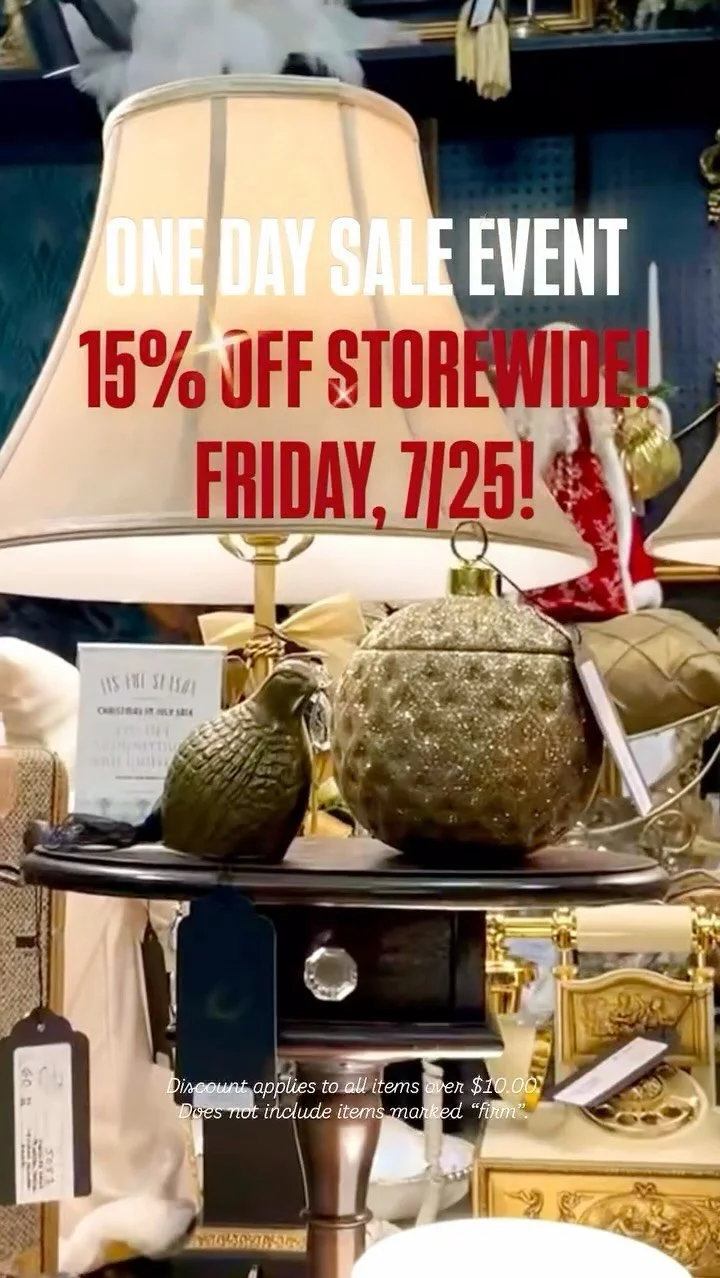✨ONE DAY SALE EVENT 15% OFF✨ Make @zionsvilleantiquemall a part of your July vaca itinerary! Stop by the store tomorrow, Friday 7/25, for a Christmas in July storewide sale! 15% OFF everything over $10.00, except items marked “firm”! Era