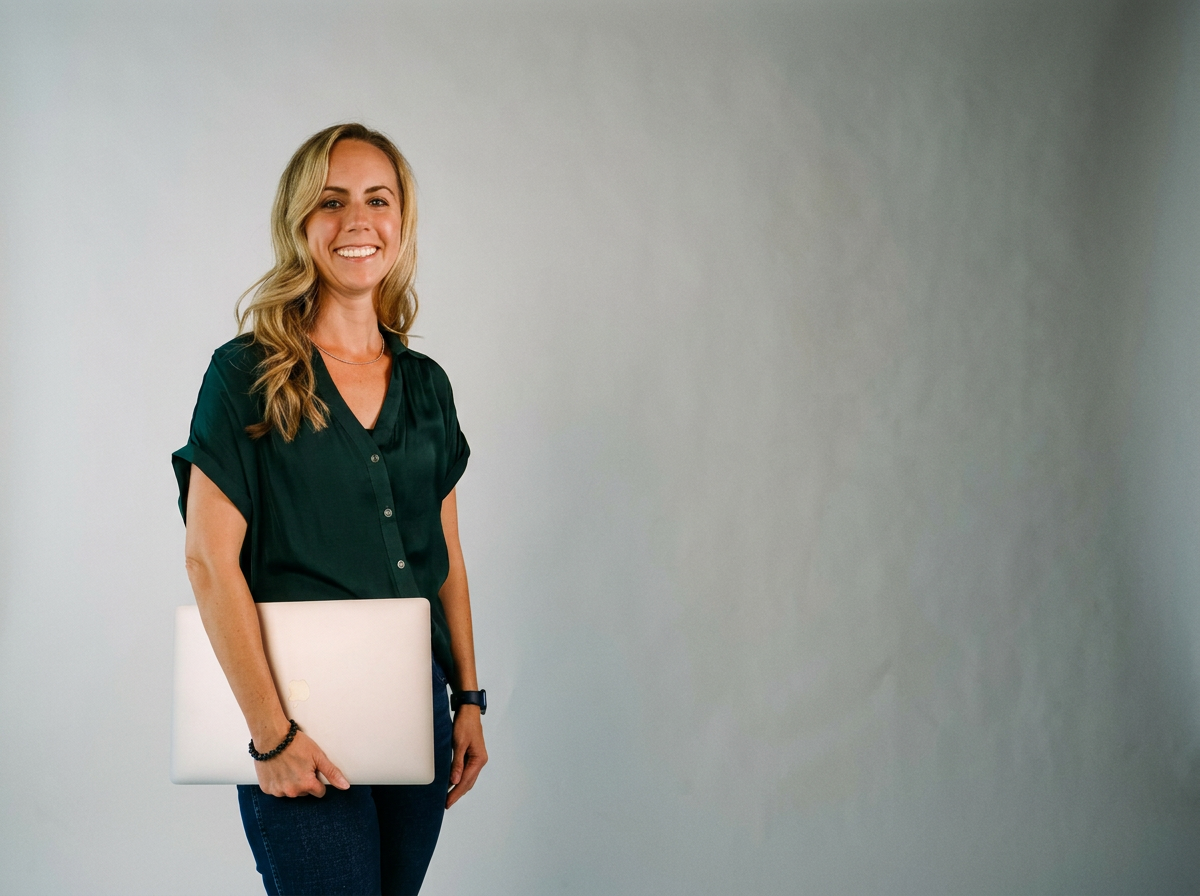 Founder Kristi Jacobsen standing in front of a neutral background holding a closed laptop in her hand, smiling at the camera.
