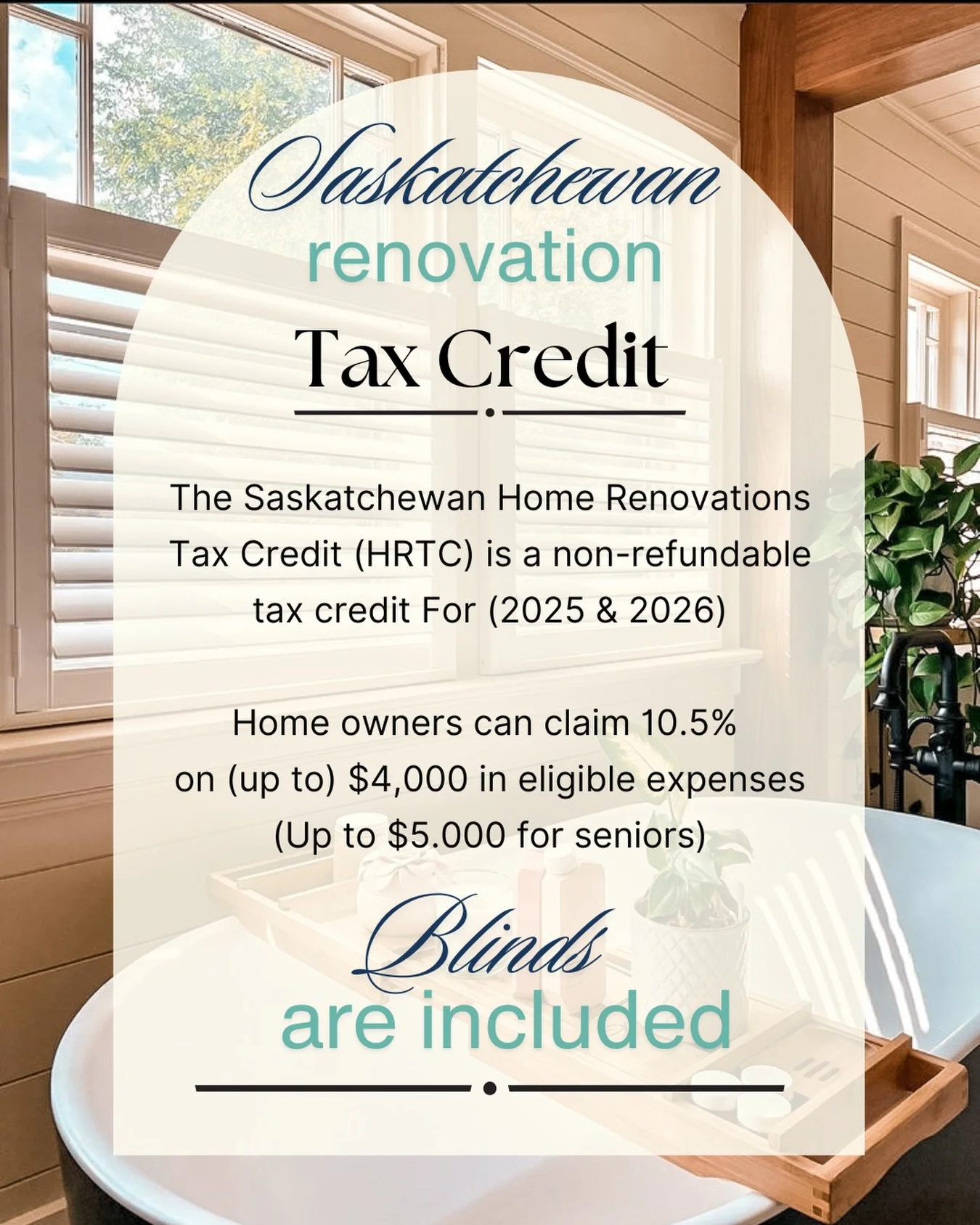Did you know The Saskatchewan Home Renovation Tax Credit allows homeowners to claim a 10.5% 
(non-refundable) tax credit on up to $4,000 of eligible renovation expenses (with a maximum $420 savings🙏🏼) for the 2025 tax year, with a higher cap of $5,